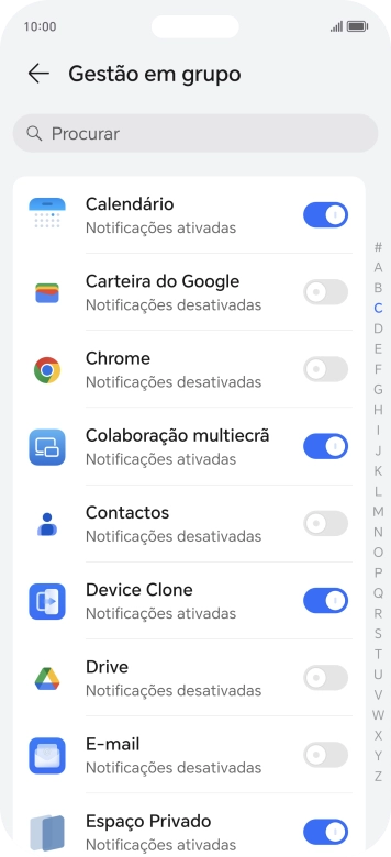 Prima o indicador junto às apps pretendidas para ativar ou desativar a função.
