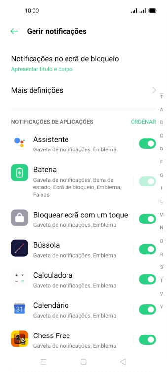 Prima o indicador junto às apps pretendidas para ativar ou desativar a função.