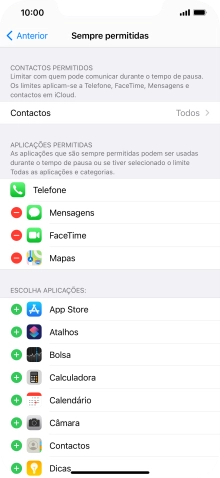 Prima o ícone para adicionar junto da app pretendida para a adicionar à lista de apps permitidas durante o Tempo de pausa.