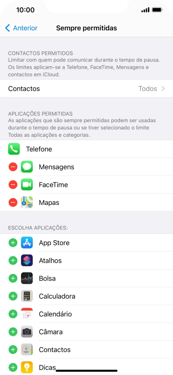 Prima o ícone para adicionar junto da app pretendida para a adicionar à lista de apps permitidas durante o Tempo de pausa.