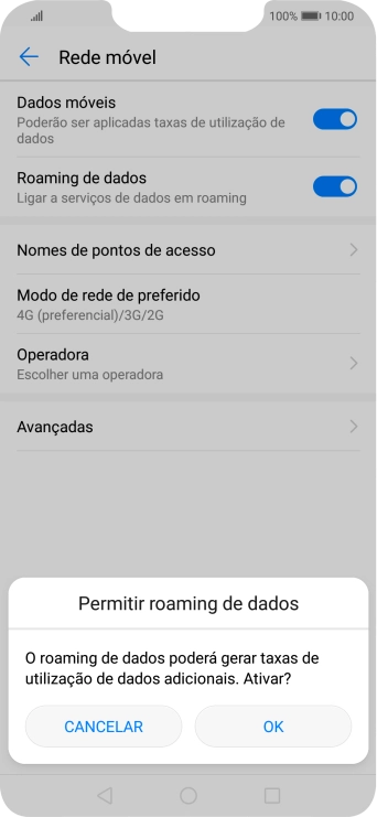 Para ativar o roaming de dados, prima OK.