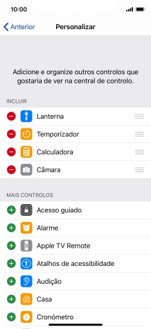 Prima o ícone para apagar junto da função pretendida para a remover da Central de controlo.