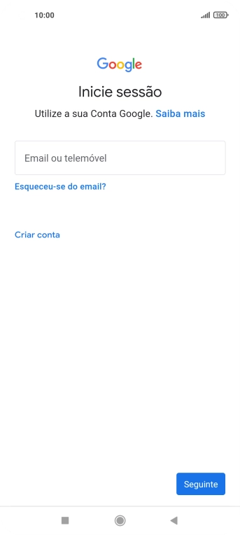 Se não tiver uma conta Google, prima Criar conta e siga as indicações no ecrã para criar uma conta.