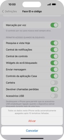 Se ativar a função, prima Ativar.