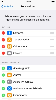 Prima o ícone para apagar junto da função pretendida para a remover da Central de controlo.