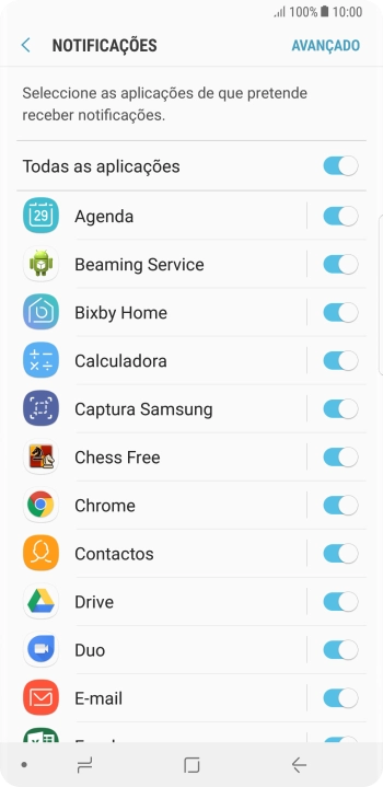 Prima o indicador junto à app pretendida para ativar ou desativar a função.