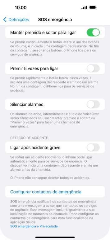 Prima Configurar contactos de emergência e siga as indicações no ecrã para introduzir a sua informação de emergência e os seus contactos de emergência.