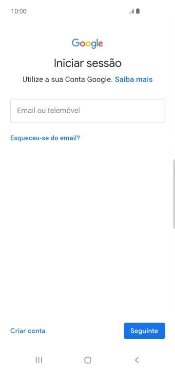 Se não tiver uma conta Google, prima Criar conta e siga as indicações no ecrã para criar uma conta.