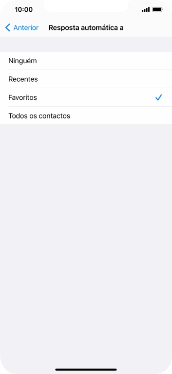 Prima a definição pretendida para escolher quais os contactos que serão automaticamente informados que a função 