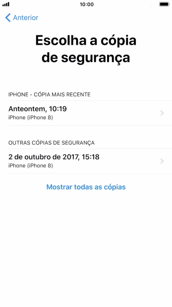 Prima a cópia de segurança pretendida e aguarde enquanto o telefone restaura o conteúdo a partir da cópia de segurança escolhida. Siga as indicações posteriores no ecrã para configurar o telefone de modo que este fique pronto a ser utilizado.