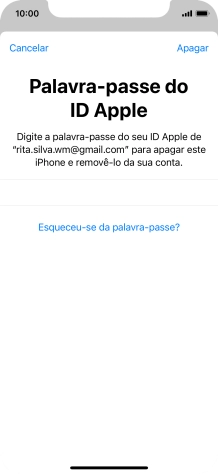 Introduza a password do ID Apple e prima Apagar. Aguarde um momento enquanto o telefone restabelece as definições originais. Siga as indicações no ecrã para configurar o telefone de modo que este fique pronto a ser utilizado.