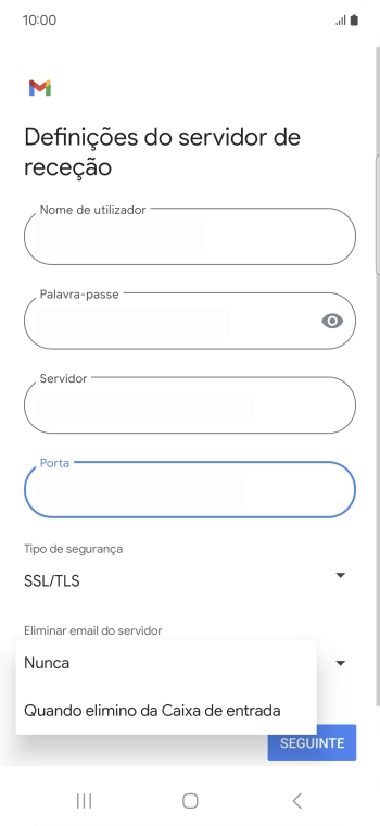 Prima Nunca para manter os e-mails no servidor quando estes são apagados no telefone.