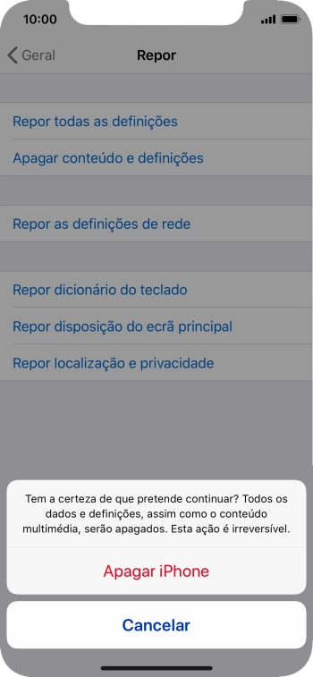 Prima Apagar iPhone. Aguarde um momento enquanto o telefone restabelece as definições originais. Siga as indicações no ecrã para configurar o telefone de modo que este fique pronto a ser utilizado.