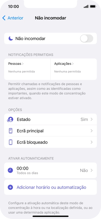 Prima Pessoas e siga as indicações no ecrã para escolher quais os contactos de que pretende receber chamadas e notificações, enquanto a função “Não incomodar” está ativada.