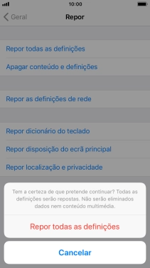 Prima Repor todas as definições. Aguarde um momento enquanto o telefone restabelece as definições originais. Siga as indicações no ecrã para configurar o telefone de modo que este fique pronto a ser utilizado.