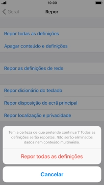 Prima Repor todas as definições. Aguarde um momento enquanto o telefone restabelece as definições originais. Siga as indicações no ecrã para configurar o telefone de modo que este fique pronto a ser utilizado.
