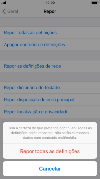 Prima Repor todas as definições. Aguarde um momento enquanto o telefone restabelece as definições originais. Siga as indicações no ecrã para configurar o telefone de modo que este fique pronto a ser utilizado.