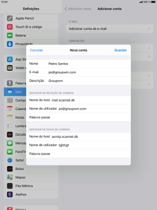 Prima Guardar. A sua conta de e-mail está agora configurada. Se pretender escolher definições adicionais para o servidor de receção e envio, siga os passos seguintes.