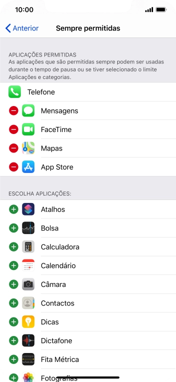 Prima o ícone para remover junto da app pretendida para a remover da lista de apps permitidas durante o Tempo de pausa.