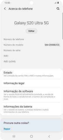 O código IMEI é mostrado no ecrã.
