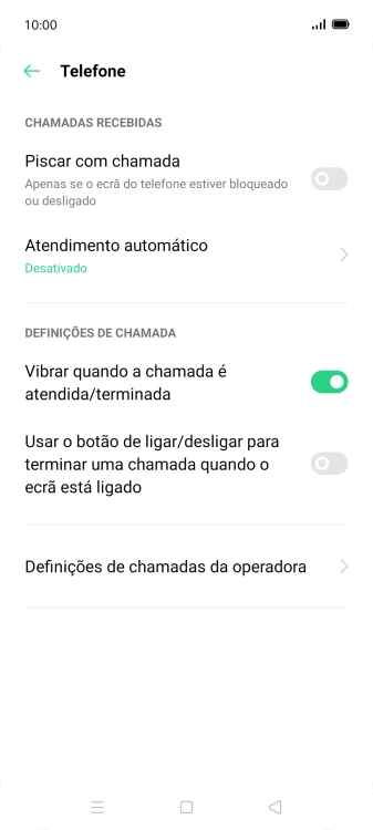 Prima Definições de chamadas da operadora.