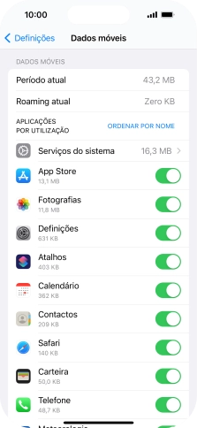 Prima o indicador junto das aplicações pretendidas para ativar ou desativar a função.