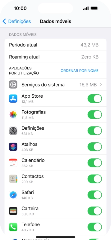 Prima o indicador junto das aplicações pretendidas para ativar ou desativar a função.
