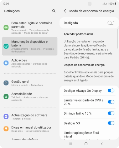 Prima o indicador junto às definições pretendidas para ativar ou desativar as funções.