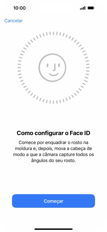 Prima Começar e siga as indicações no ecrã para estabelecer um código de reconhecimento facial (Face ID).
