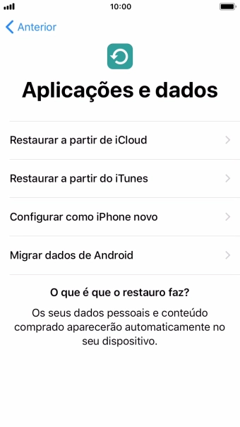 É possível restaurar conteúdo a partir de uma cópia de segurança em iCloud, quando o telefone for ativado antes da primeira utilização e quando o telefone tiver sido reiniciado. Quando esta imagem for mostrada no ecrã, o telefone está pronto para restaurar conteúdo a partir de uma cópia de segurança em iCloud.