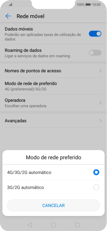 Prima o tipo de rede pretendido.