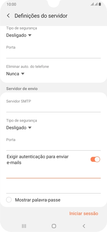 Prima o campo da password e introduza a password do servidor de envio do seu fornecedor de e-mail.