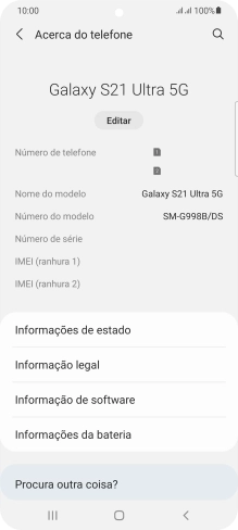 O código IMEI é mostrado no ecrã.