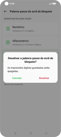 Prima Desativar e introduza o código adicional de bloqueio do telefone que criou anteriormente.