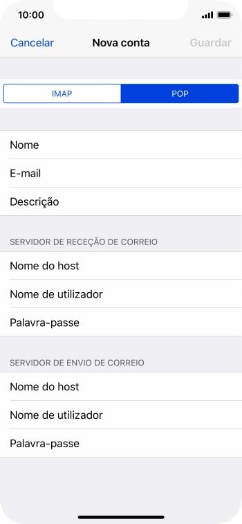 Prima Nome do host e introduza o nome do servidor de receção do fornecedor de e-mail.