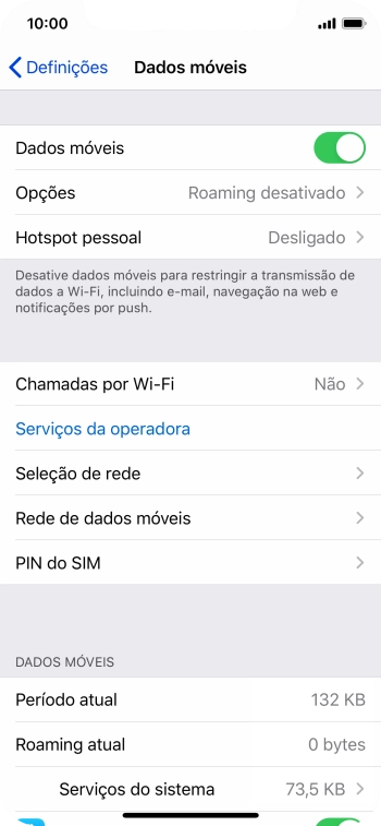 O consumo total de dados é mostrado junto a Período atual.