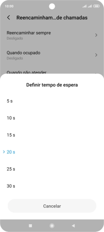 Se desviar as chamadas não atendidas escolha o tempo de atraso para desvio. Prima o tempo de atraso pretendido e siga as indicações no ecrã para escolher o tempo de atraso para desvio de chamadas.