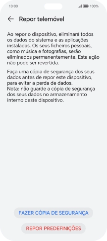 Prima REPOR PREDEFINIÇÕES. Aguarde um momento enquanto o telefone restabelece as definições originais. Siga as indicações no ecrã para configurar o telefone de modo que este fique pronto a ser utilizado.