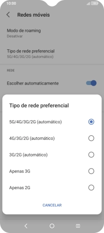 Prima o tipo de rede pretendido.