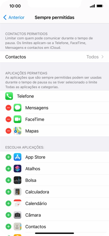 Prima o ícone para adicionar junto da app pretendida para a adicionar à lista de apps permitidas durante o Tempo de pausa.