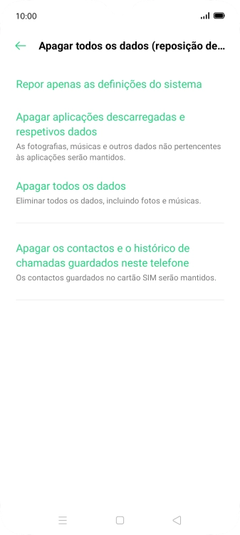 Prima Apagar todos os dados.