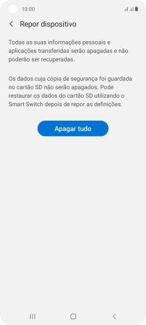 Prima Apagar tudo. Aguarde um momento enquanto o telefone restabelece as definições originais. Siga as indicações no ecrã para configurar o telefone de modo que este fique pronto a ser utilizado.