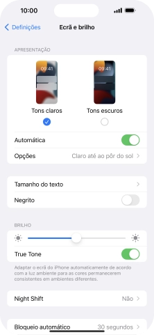 Quando ativar a função, prima Opções e siga as indicações no ecrã para escolher o período pretendido para o Modo Escuro.