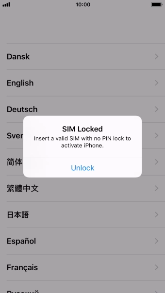 Se o cartão SIM estiver bloqueado, prima Unlock.