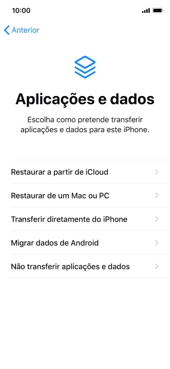É possível restaurar conteúdo a partir de uma cópia de segurança em iCloud, quando o telefone for ativado antes da primeira utilização e quando o telefone tiver sido reiniciado. Quando esta imagem for mostrada no ecrã, o telefone está pronto para restaurar conteúdo a partir de uma cópia de segurança em iCloud.
