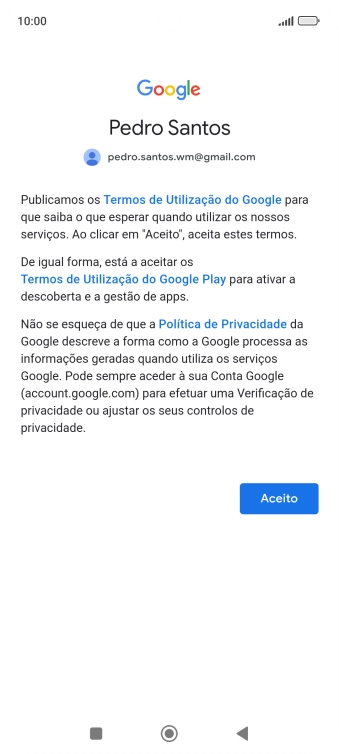 Prima Aceito e siga as indicações no ecrã para escolher as definições da conta Google.