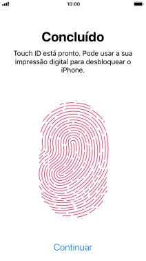 Prima Continuar. Se ainda não tiver escolhido um código de bloqueio do telefone, introduza um código à escolha duas vezes de seguida.