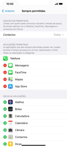 Prima o ícone para remover junto da app pretendida para a remover da lista de apps permitidas durante o Tempo de pausa.