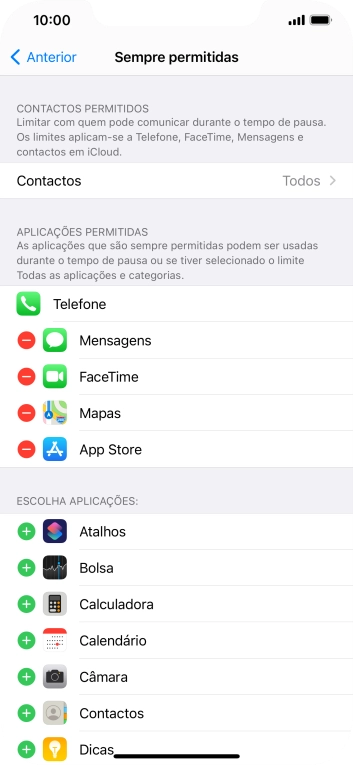 Prima o ícone para remover junto da app pretendida para a remover da lista de apps permitidas durante o Tempo de pausa.