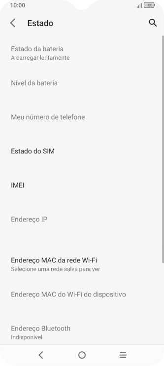 O código IMEI é mostrado no ecrã.